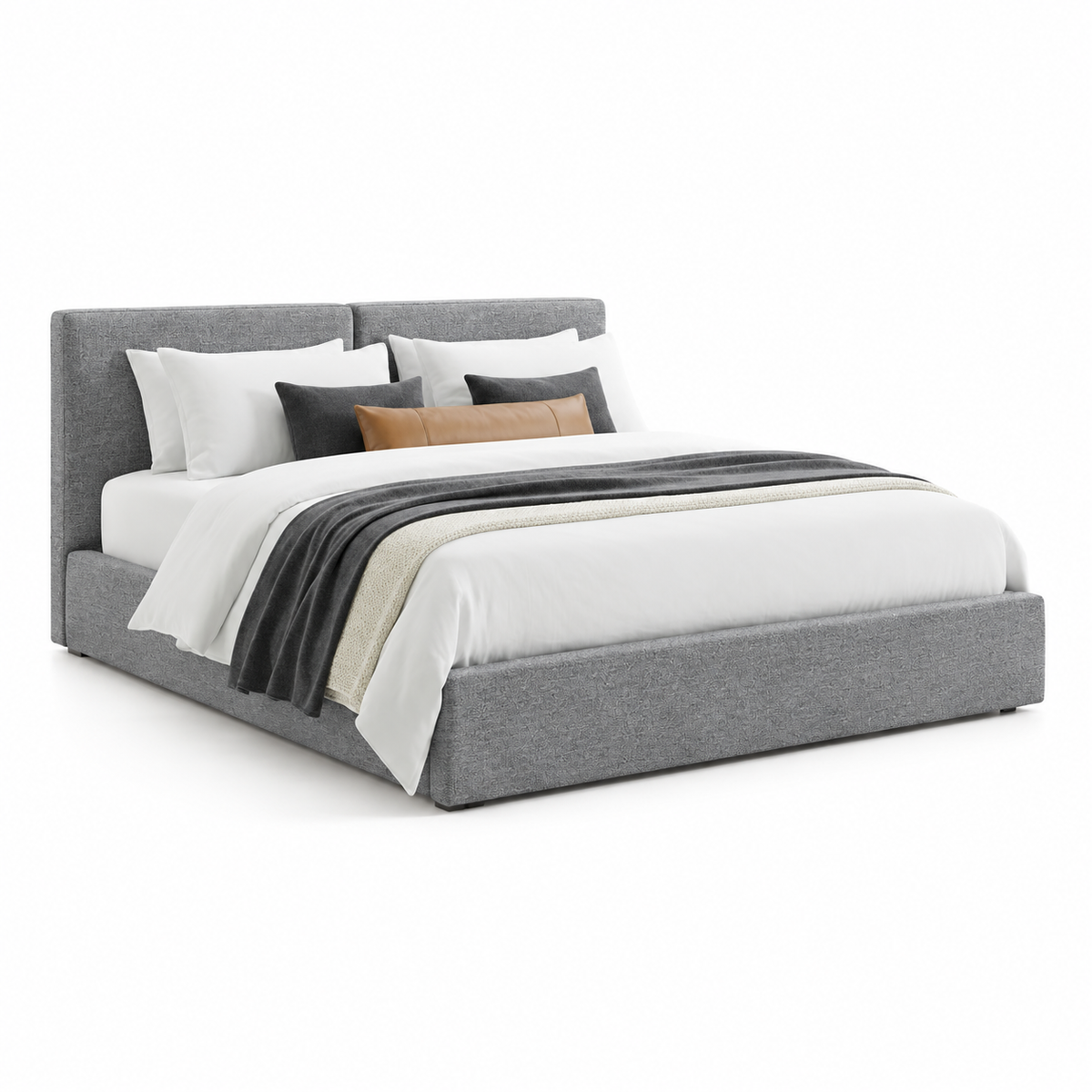 Lanott B107 bed in MD-3 — three-quarter view on white background, refined small-scale fabric texture