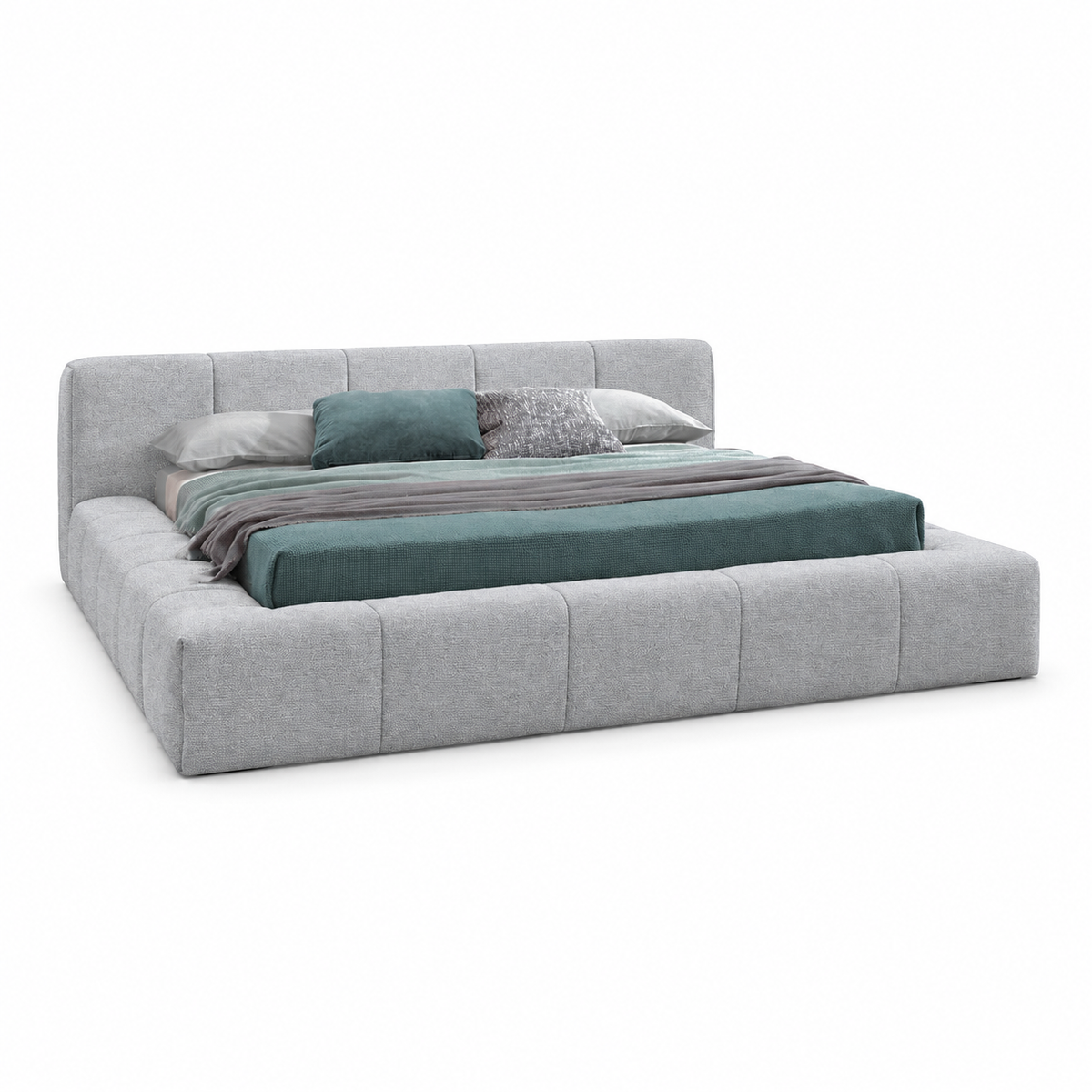 Lanott B110 bed in MD-1 — three-quarter view on white background, refined small-scale fabric texture