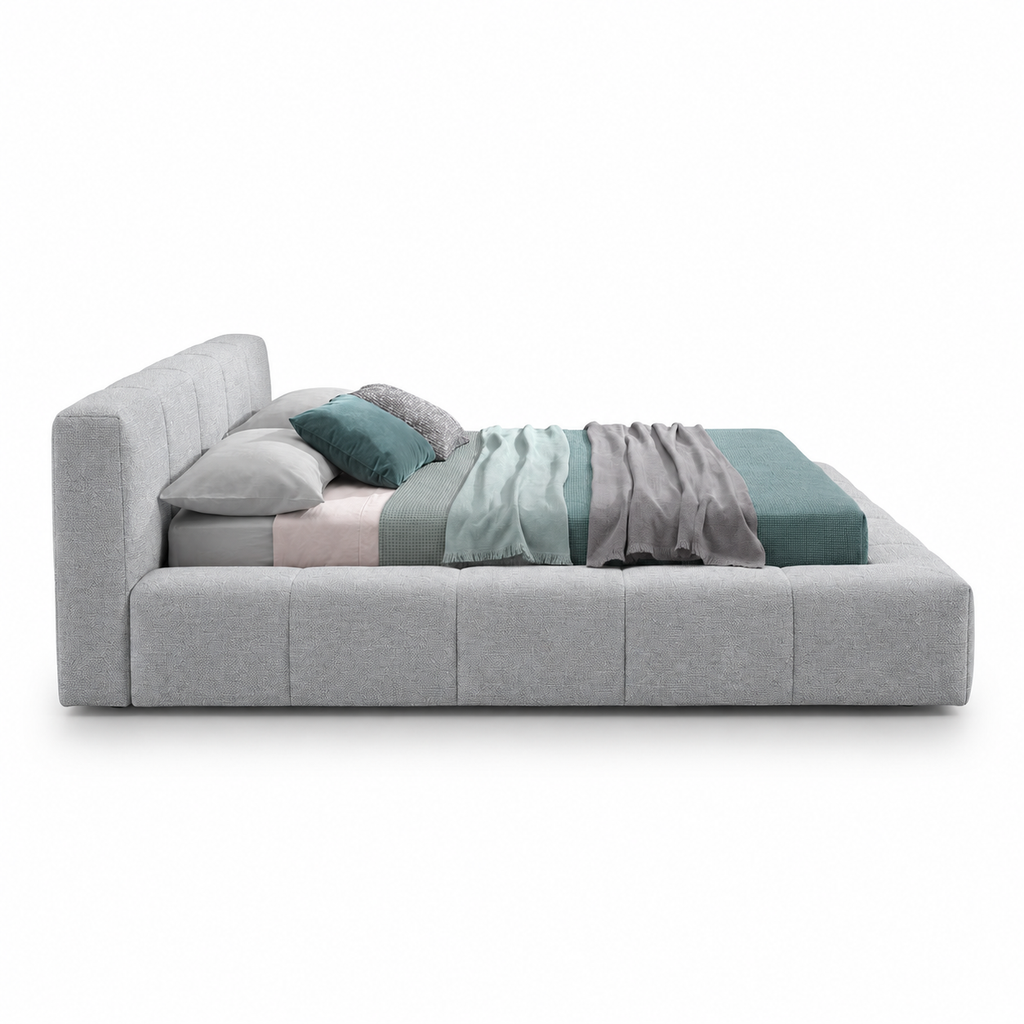 Lanott B110 bed in MD-1 — side view on white background, refined small-scale fabric texture