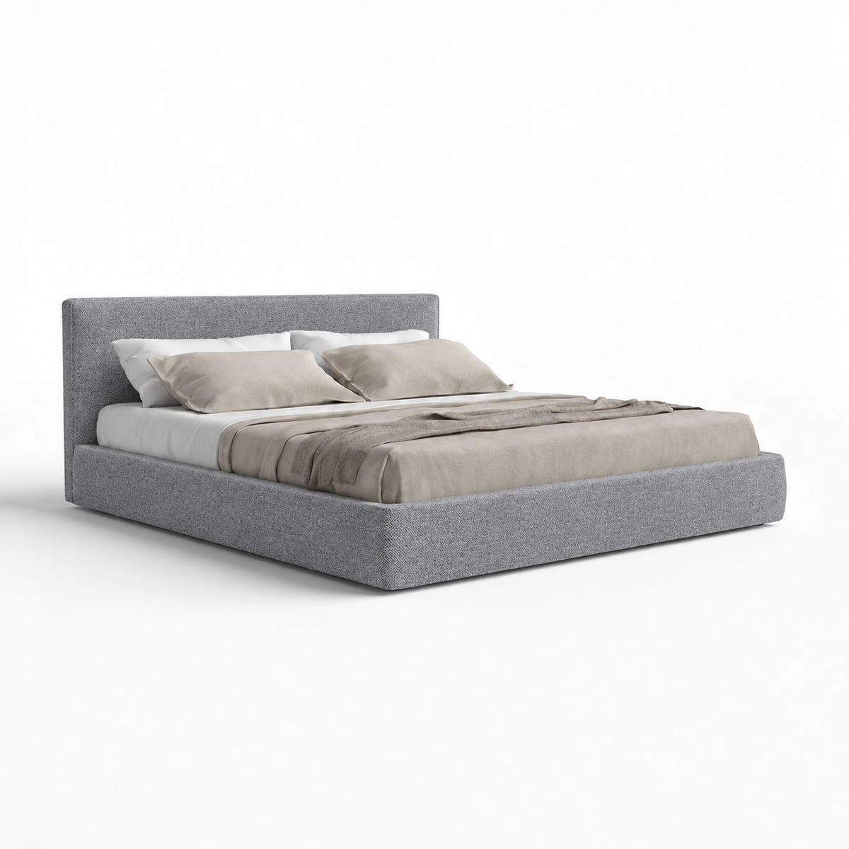 Lanott B120 bed in MD-3 — three-quarter view on white background, refined small-scale fabric texture