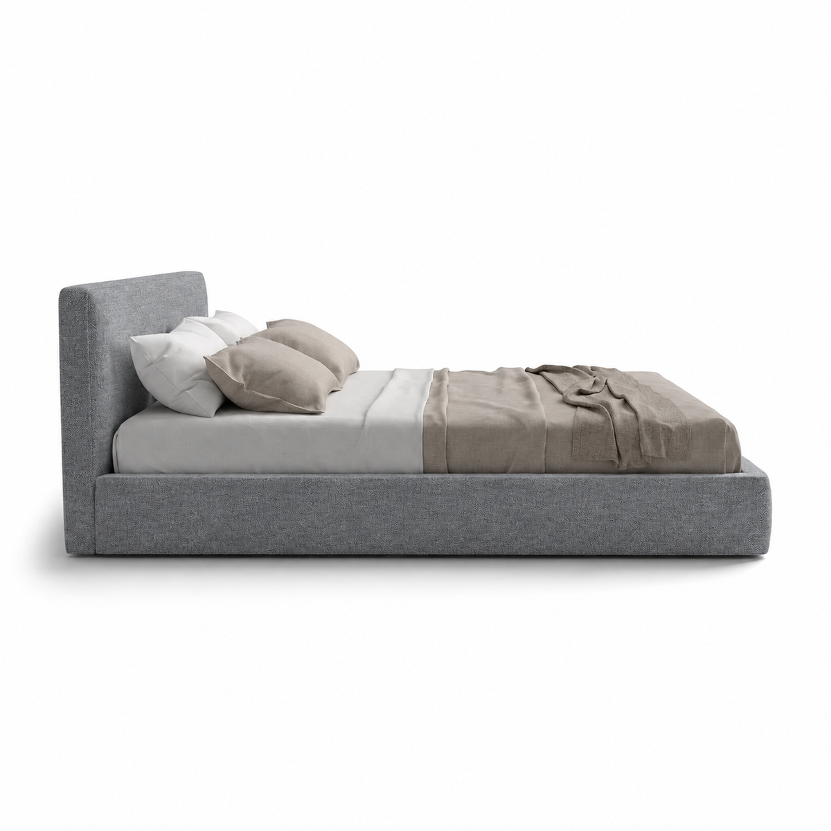 Lanott B120 bed in MD-3 — side view on white background, refined small-scale fabric texture