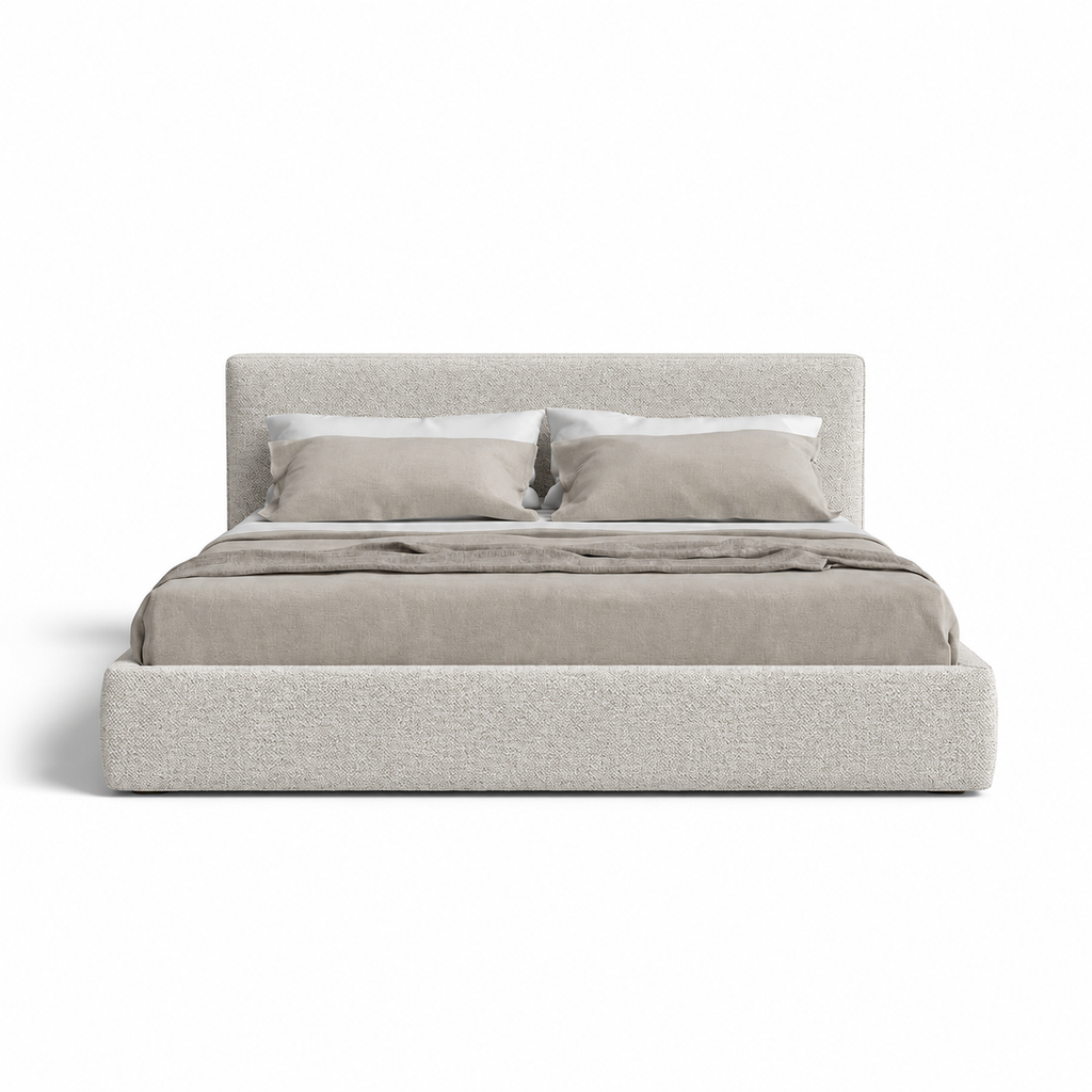 Lanott B120 bed in Tender-1 — front view on white background, refined small-scale fabric texture