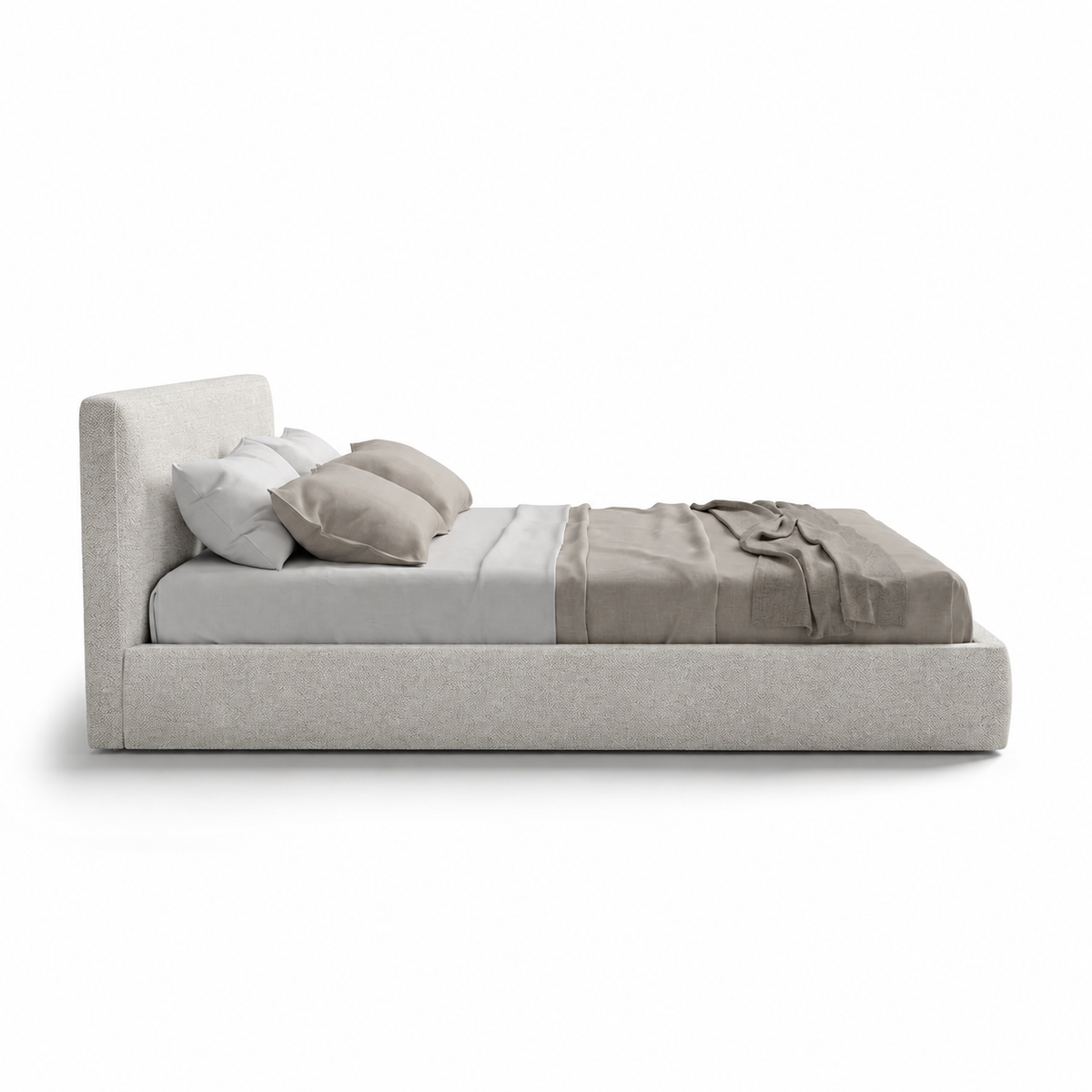 Lanott B120 bed in Tender-1 — side view on white background, refined small-scale fabric texture