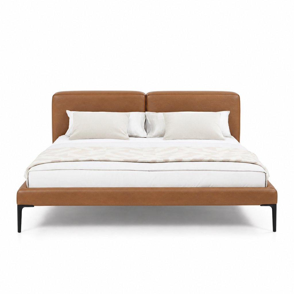 Lanott B123 bed in Cognac Leather — front view on white background, refined fine leather grain