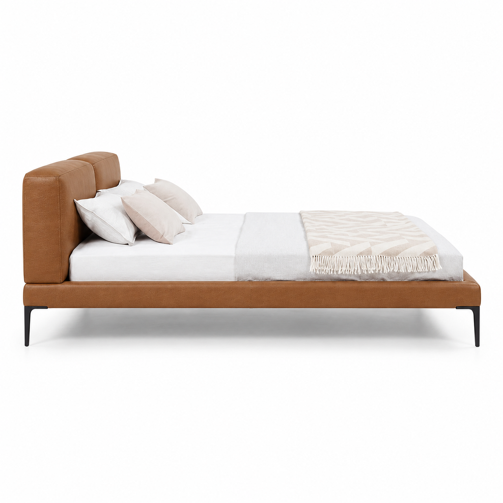 Lanott B123 bed in Cognac Leather — side view on white background, refined fine leather grain