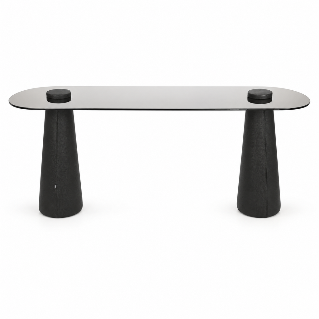 Lanott CO103 console in Black Leather — long front view on white background, refined fine leather grain