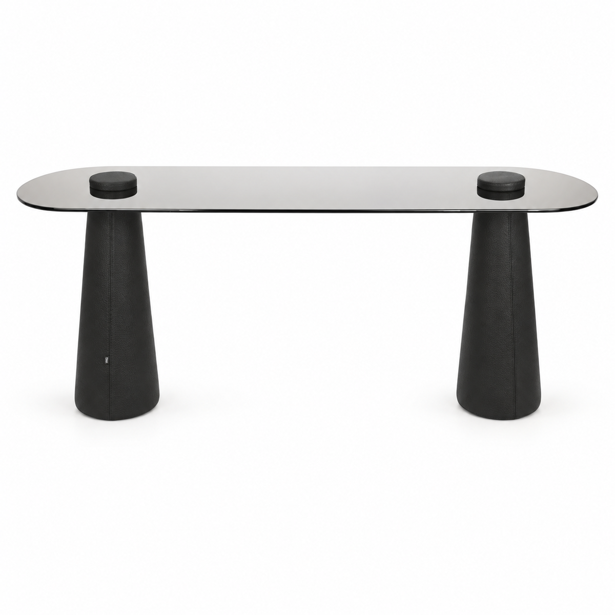Lanott CO103 console in Black Leather — long front view on white background, refined fine leather grain