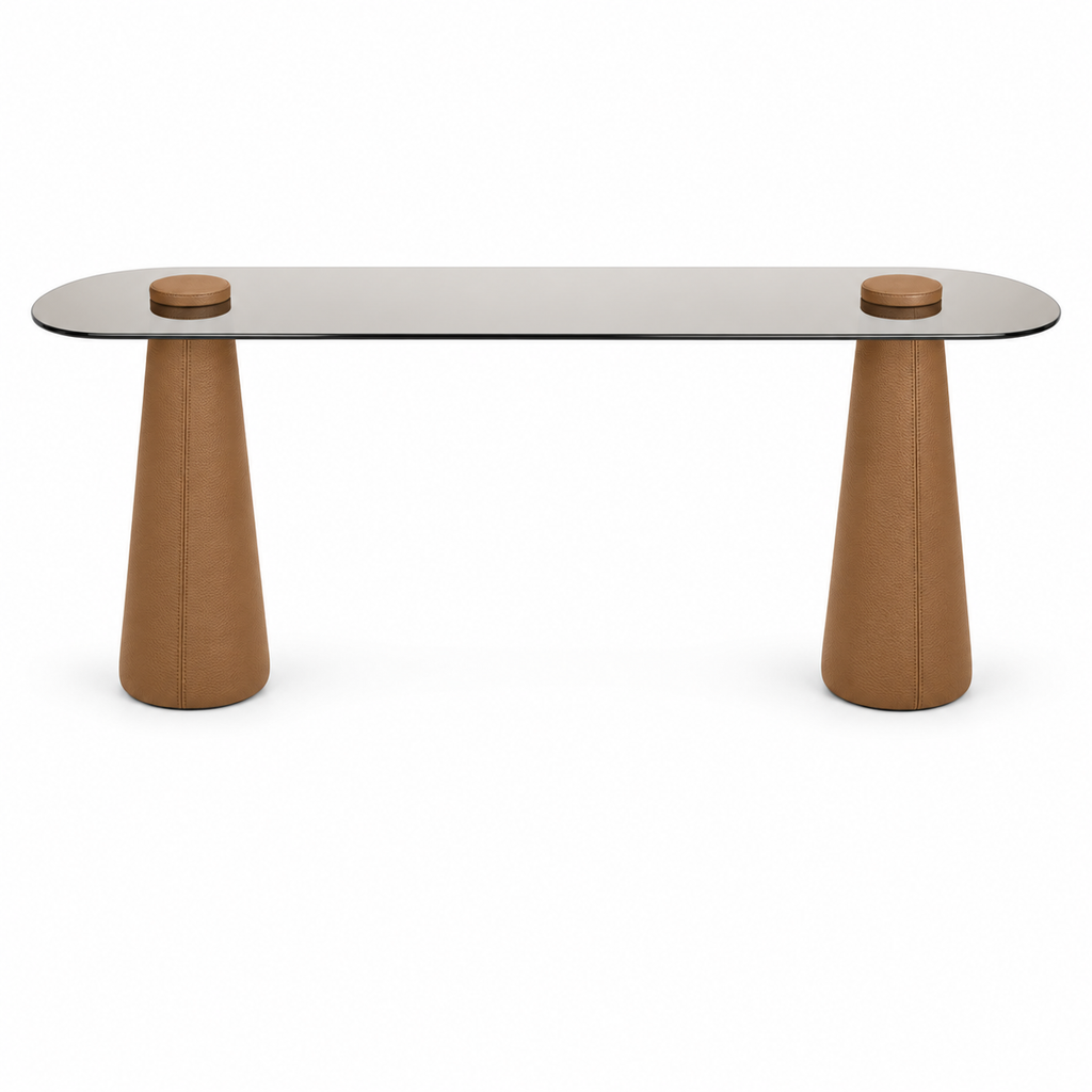 Lanott CO103 console in Cognac Leather — long front view on white background, refined fine leather grain