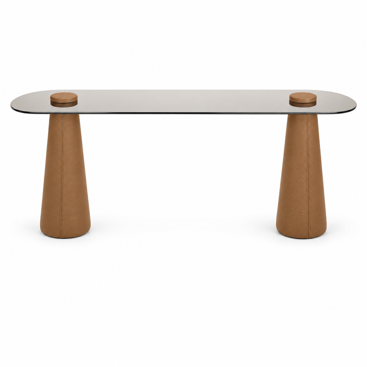 Lanott CO103 console in Cognac Leather — long front view on white background, refined fine leather grain