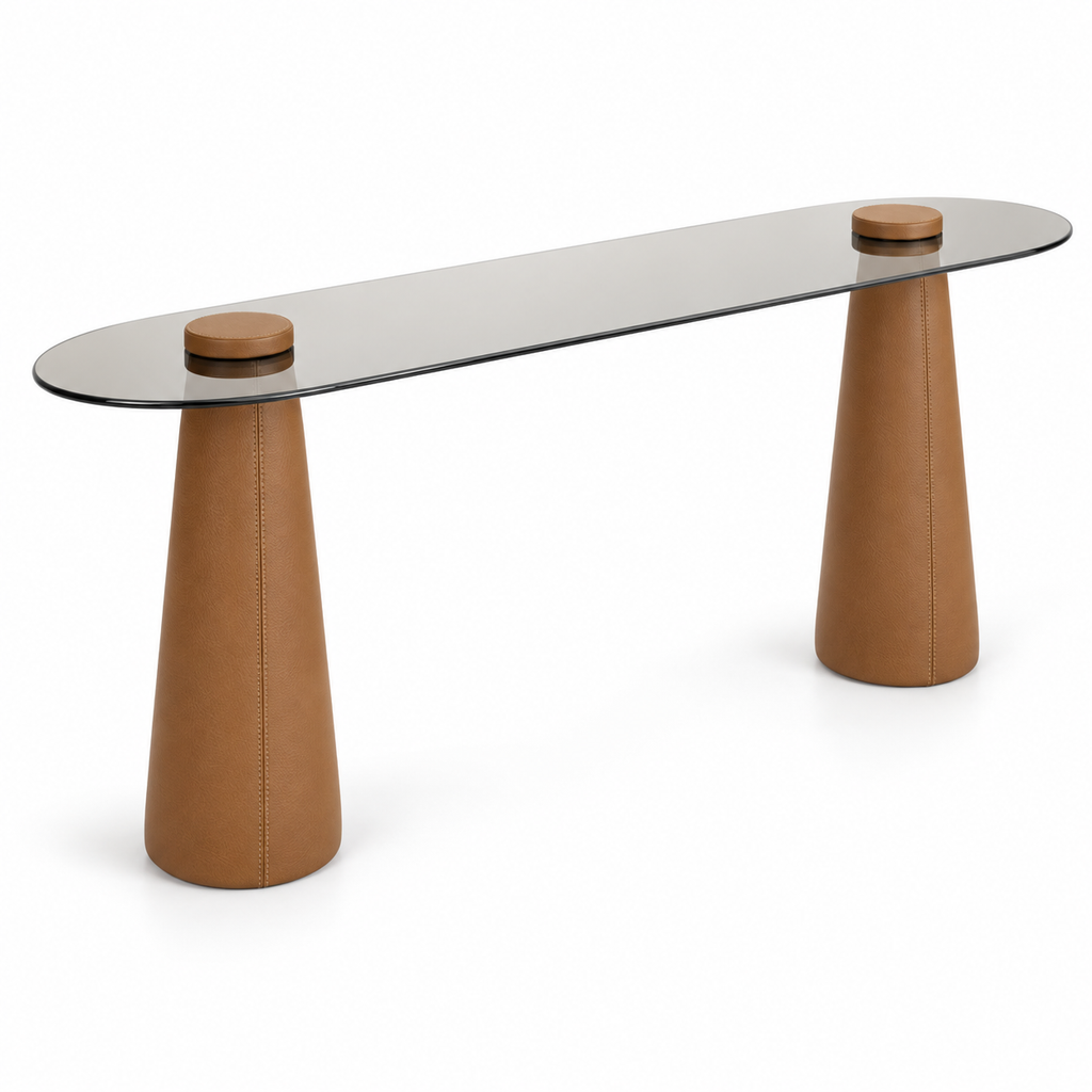 Lanott CO103 console in Cognac Leather — three-quarter view on white background, refined fine leather grain