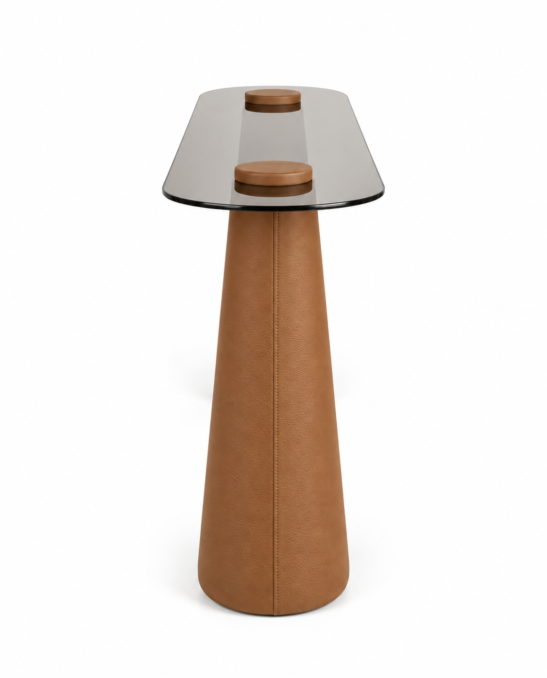 Lanott CO103 console in Cognac Leather — short-end view on white background, refined fine leather grain
