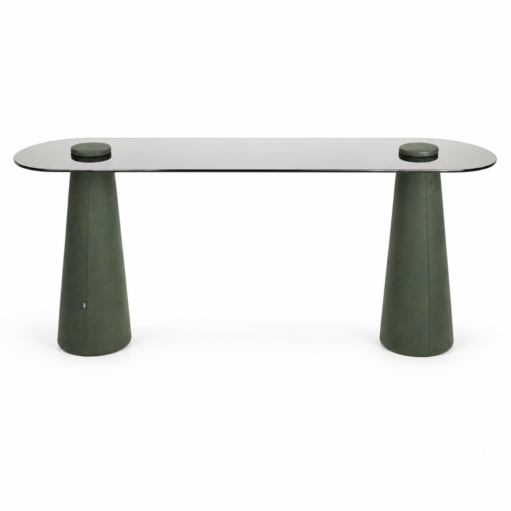 Lanott CO103 console in Olive Leather — long front view on white background, refined fine leather grain