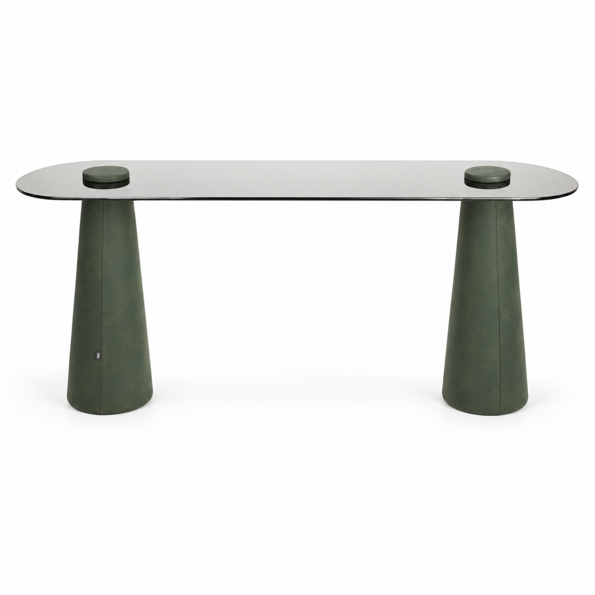 Lanott CO103 console in Olive Leather — long front view on white background, refined fine leather grain