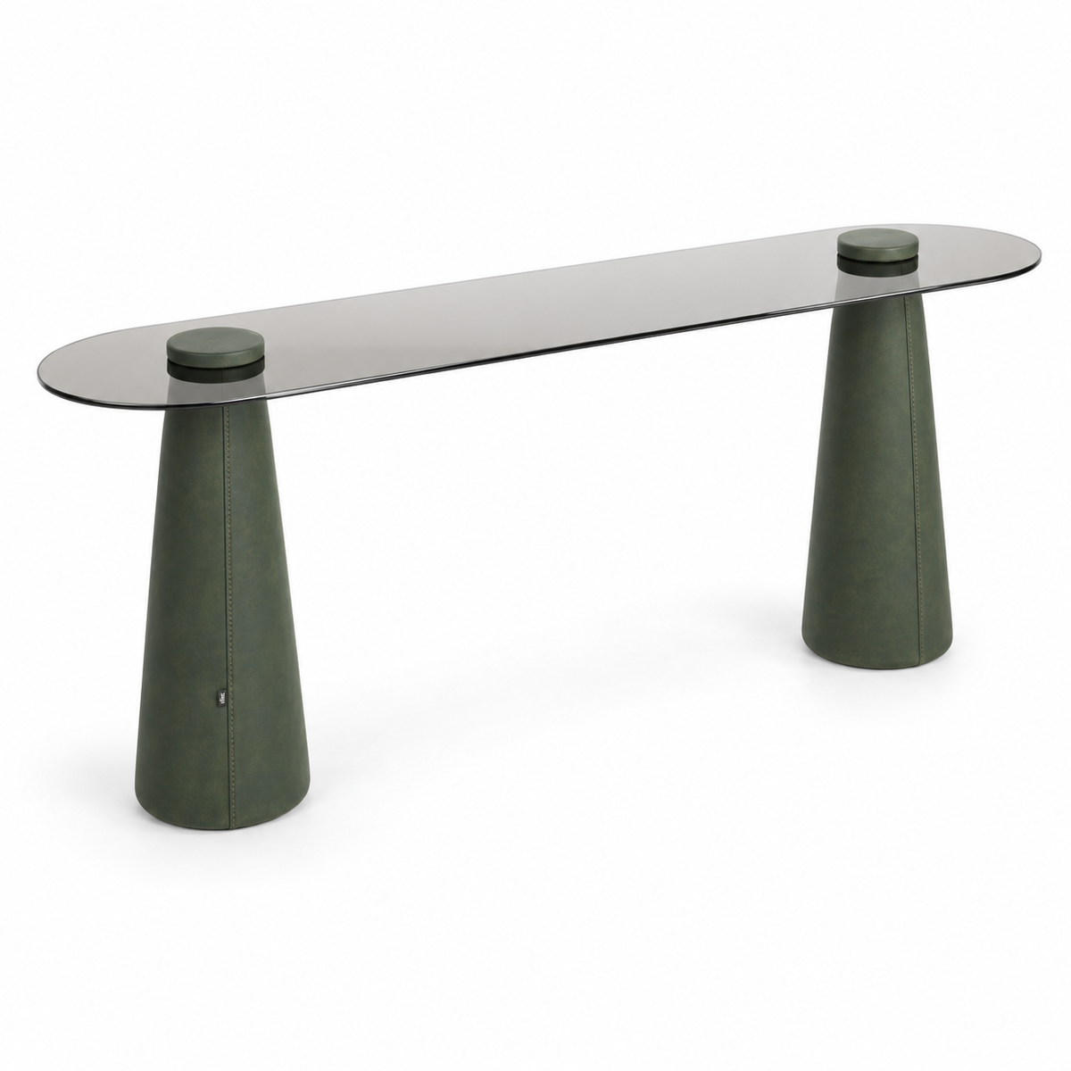 Lanott CO103 console in Olive Leather — three-quarter view on white background, refined fine leather grain