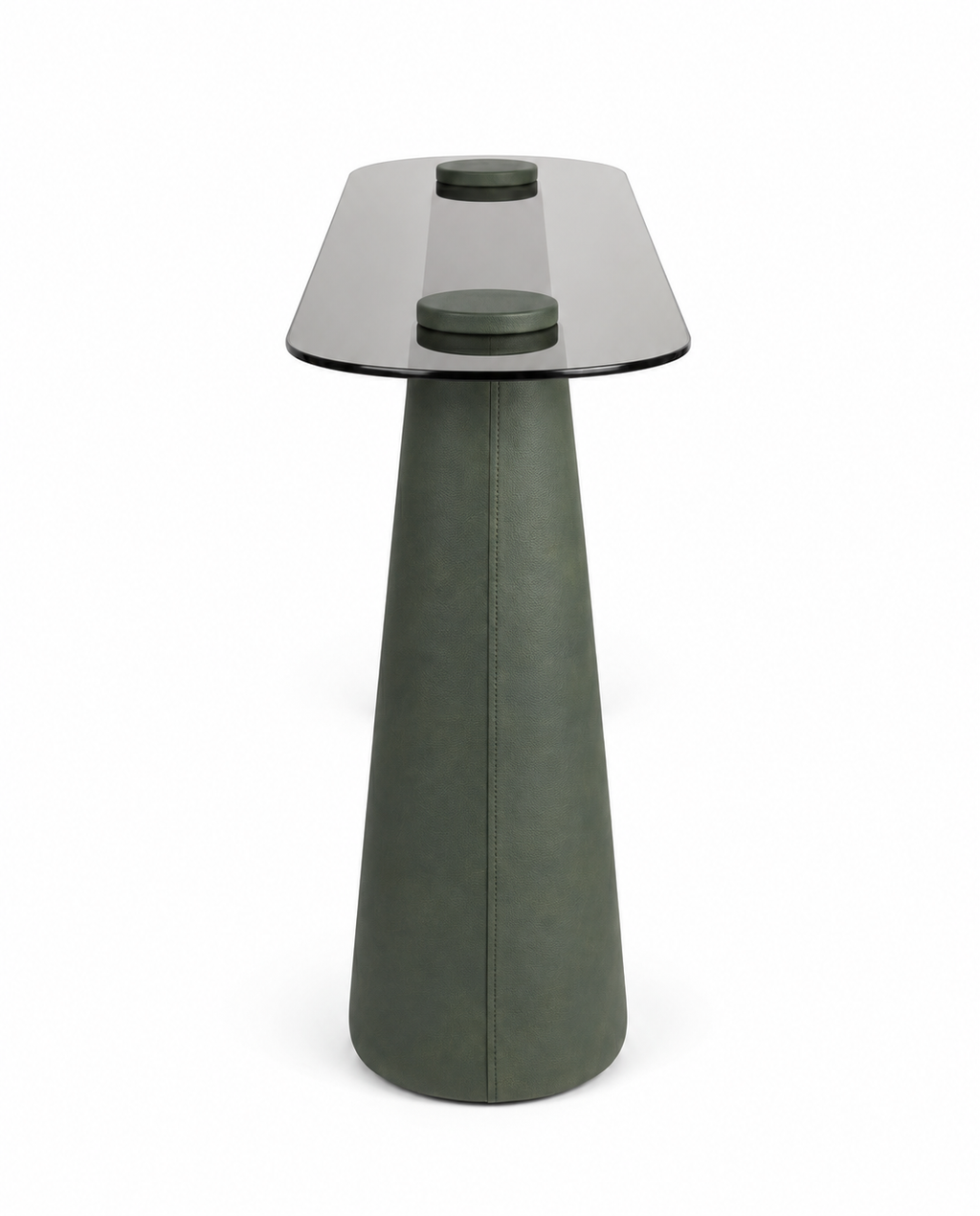 Lanott CO103 console in Olive Leather — short-end view on white background, refined fine leather grain