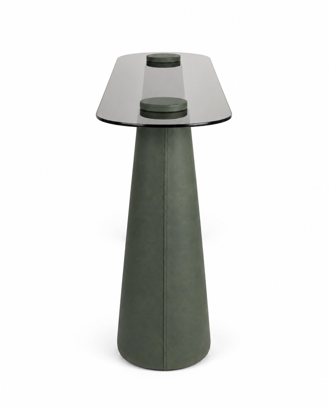 Lanott CO103 console in Olive Leather — short-end view on white background, refined fine leather grain