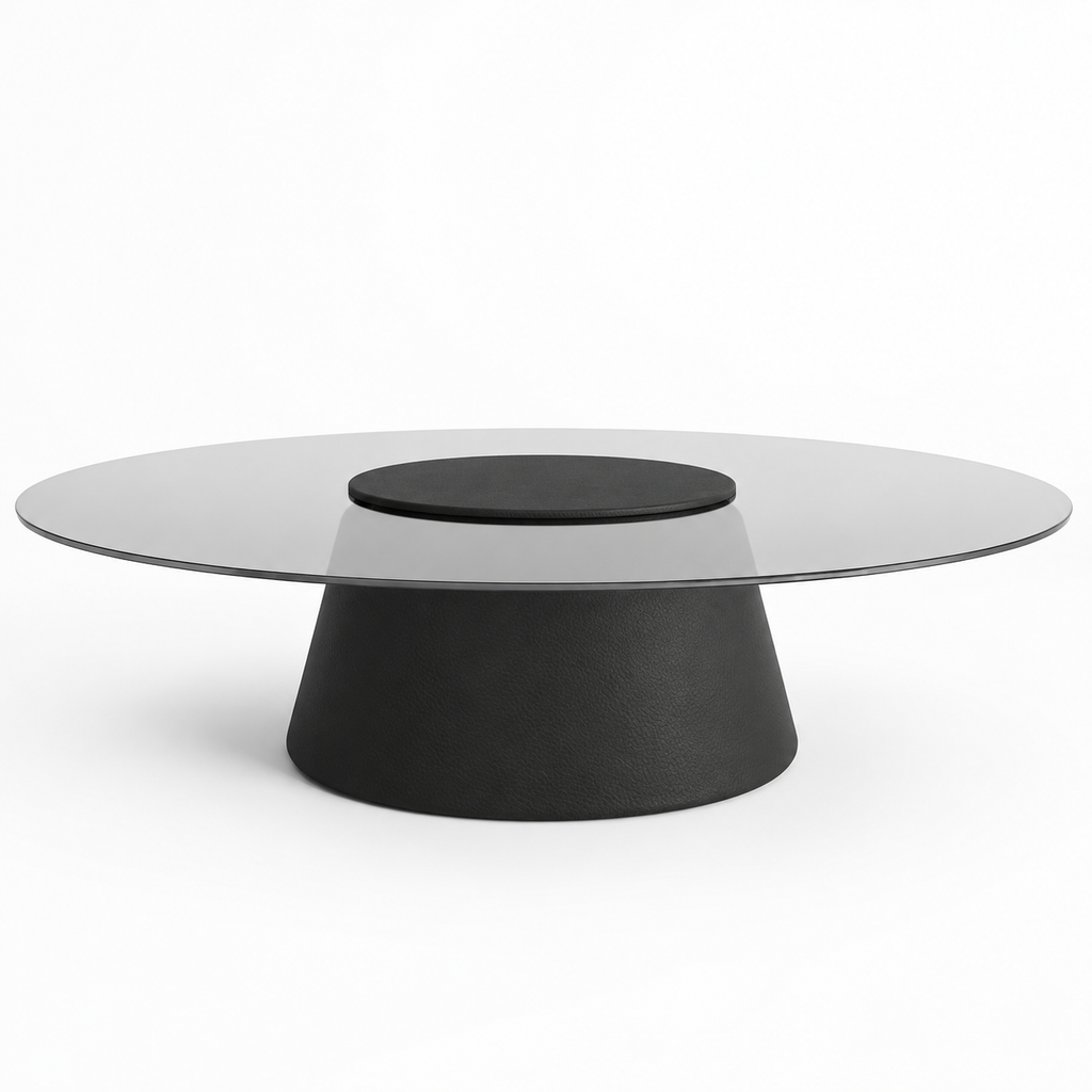 Lanott CT103 coffee table in Black Leather — low front view on white background, refined fine leather grain
