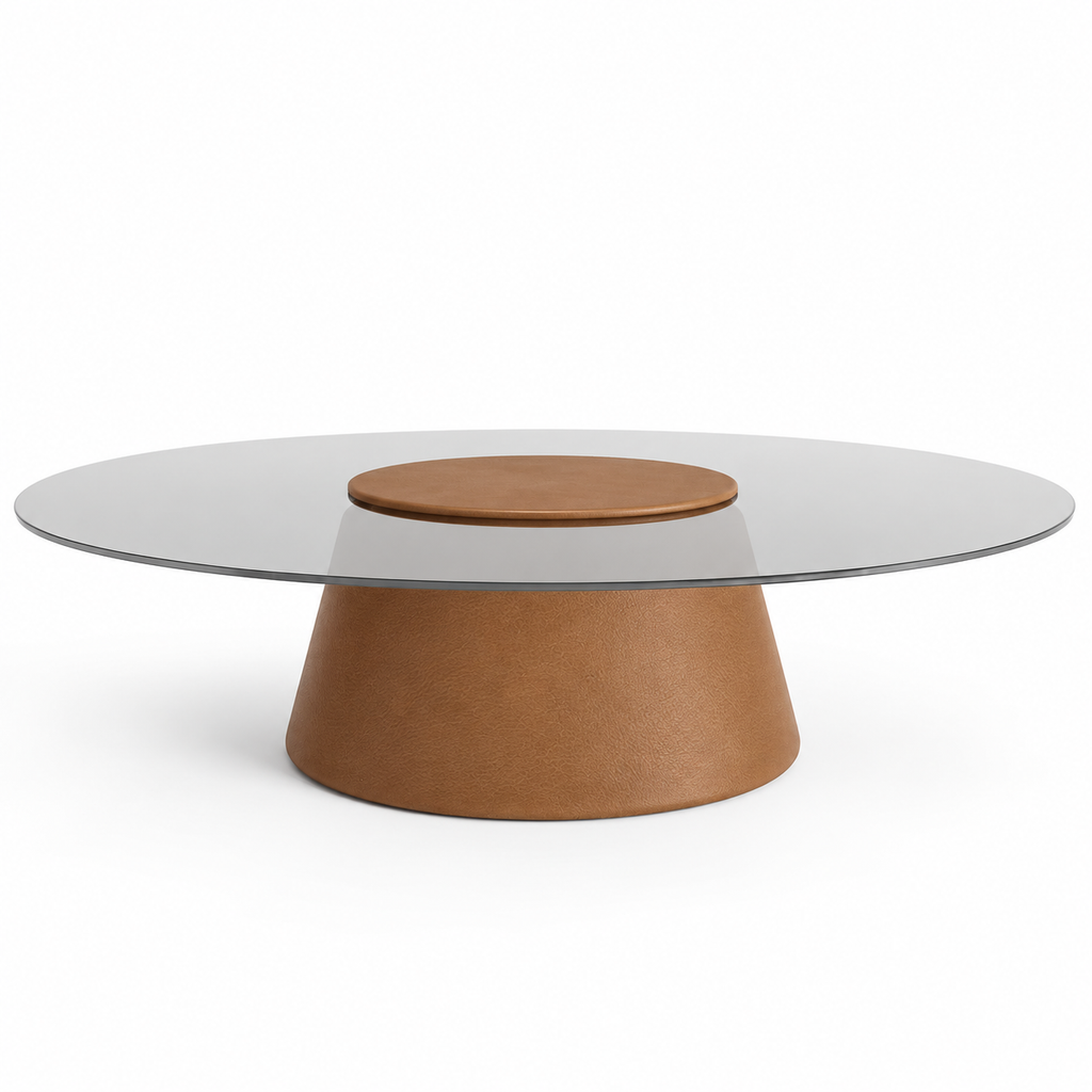 Lanott CT103 coffee table in Cognac Leather — low front view on white background, refined fine leather grain