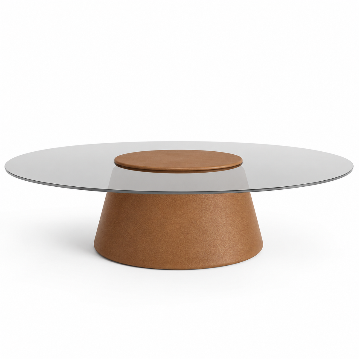 Lanott CT103 coffee table in Cognac Leather — low front view on white background, refined fine leather grain