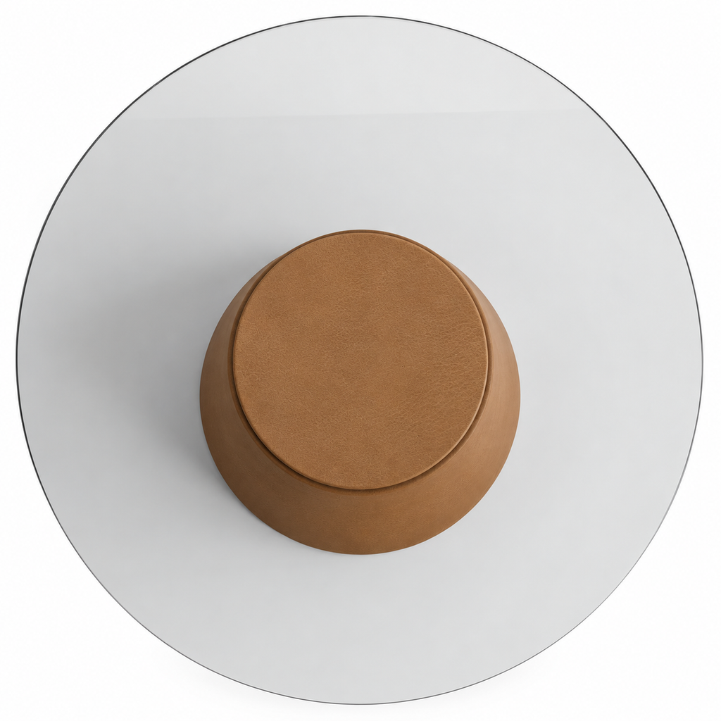 Lanott CT103 coffee table in Cognac Leather — overhead top view on white background, refined fine leather grain