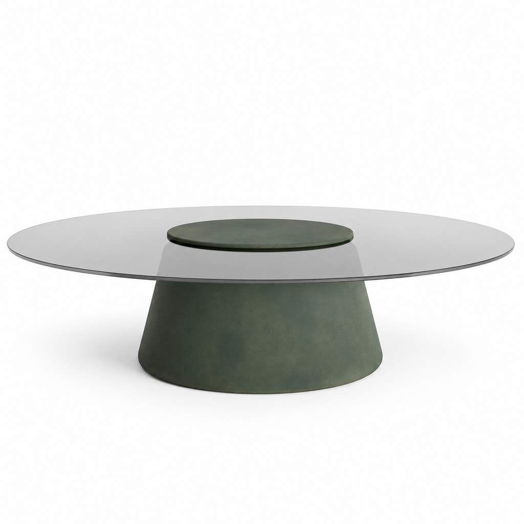 Lanott CT103 coffee table in Olive Leather — low front view on white background, refined fine leather grain