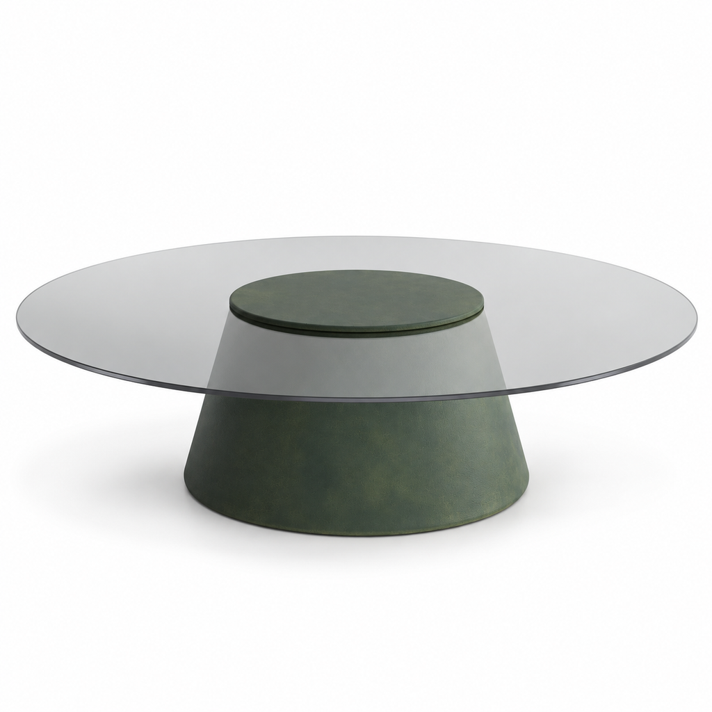 Lanott CT103 coffee table in Olive Leather — main elevated view on white background, refined fine leather grain