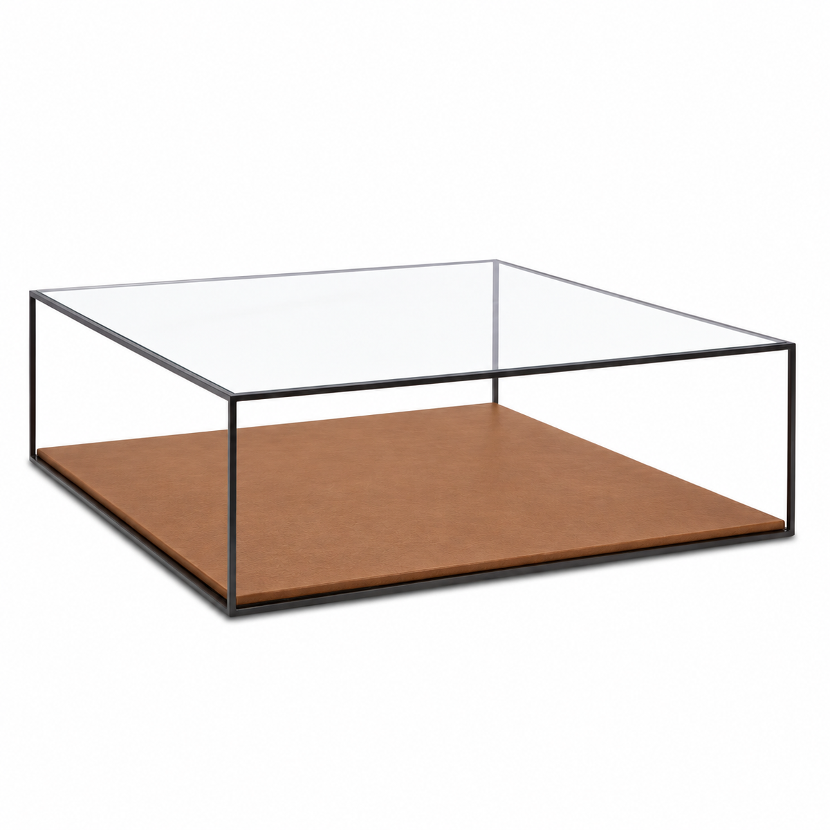 Lanott CT105 coffee table in Cognac Leather — three-quarter view on white background, refined fine leather grain