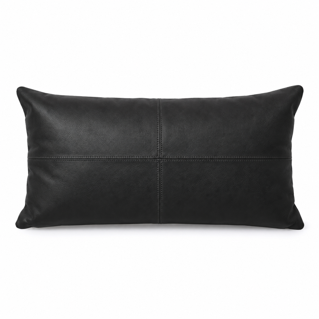 Lanott CU102 cushion in Black Leather, rectangle shape, front view on white background with fine leather grain