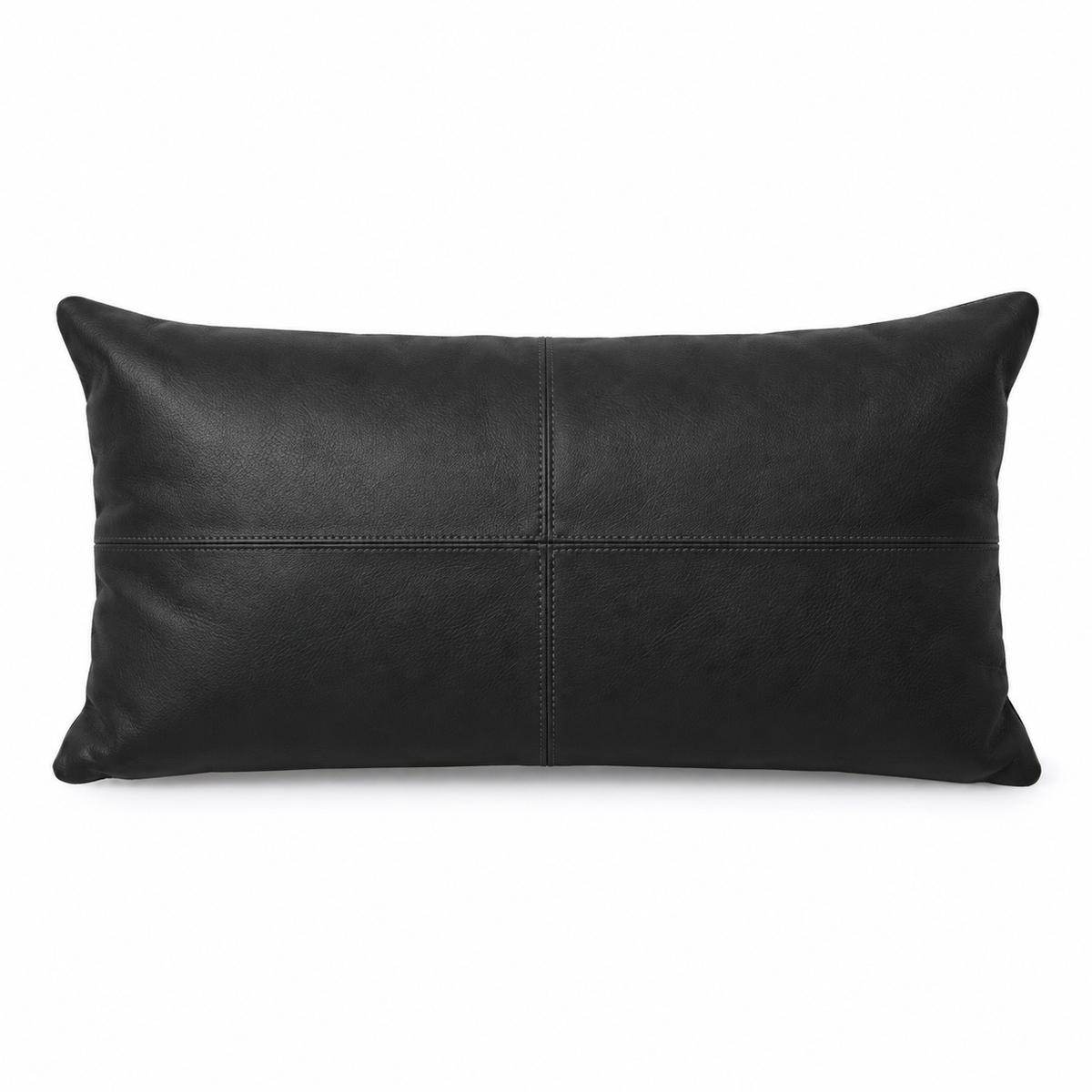 Lanott CU102 cushion in Black Leather, rectangle shape, front view on white background with fine leather grain