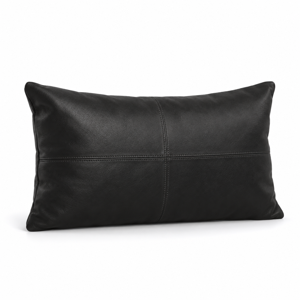 Lanott CU102 cushion in Black Leather, rectangle shape, main angled view on white background with fine leather grain
