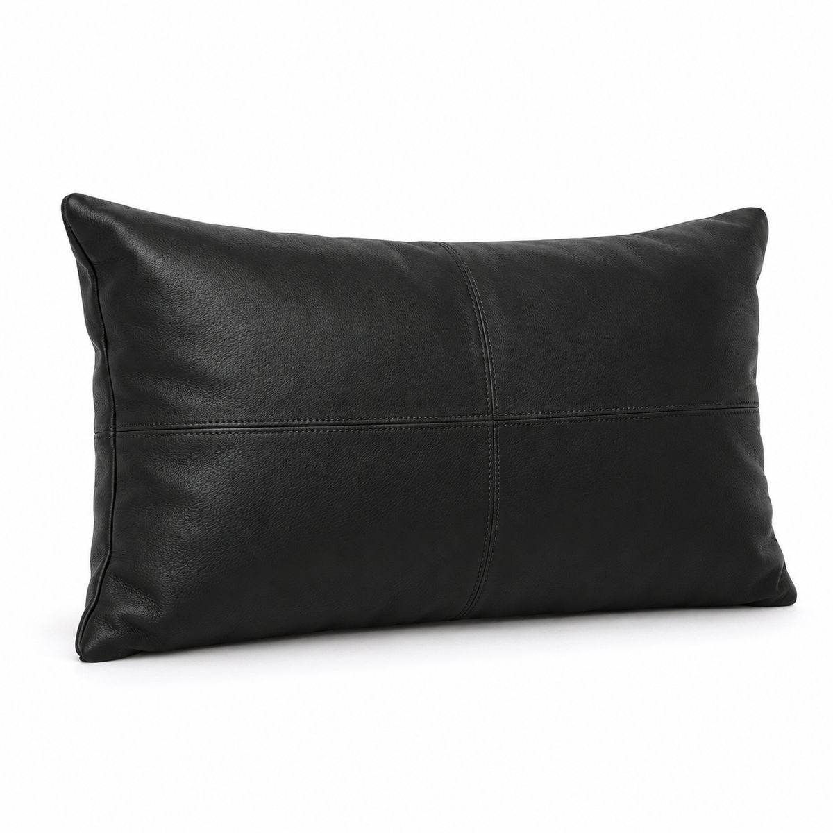 Lanott CU102 cushion in Black Leather, rectangle shape, side angled view on white background with fine leather grain