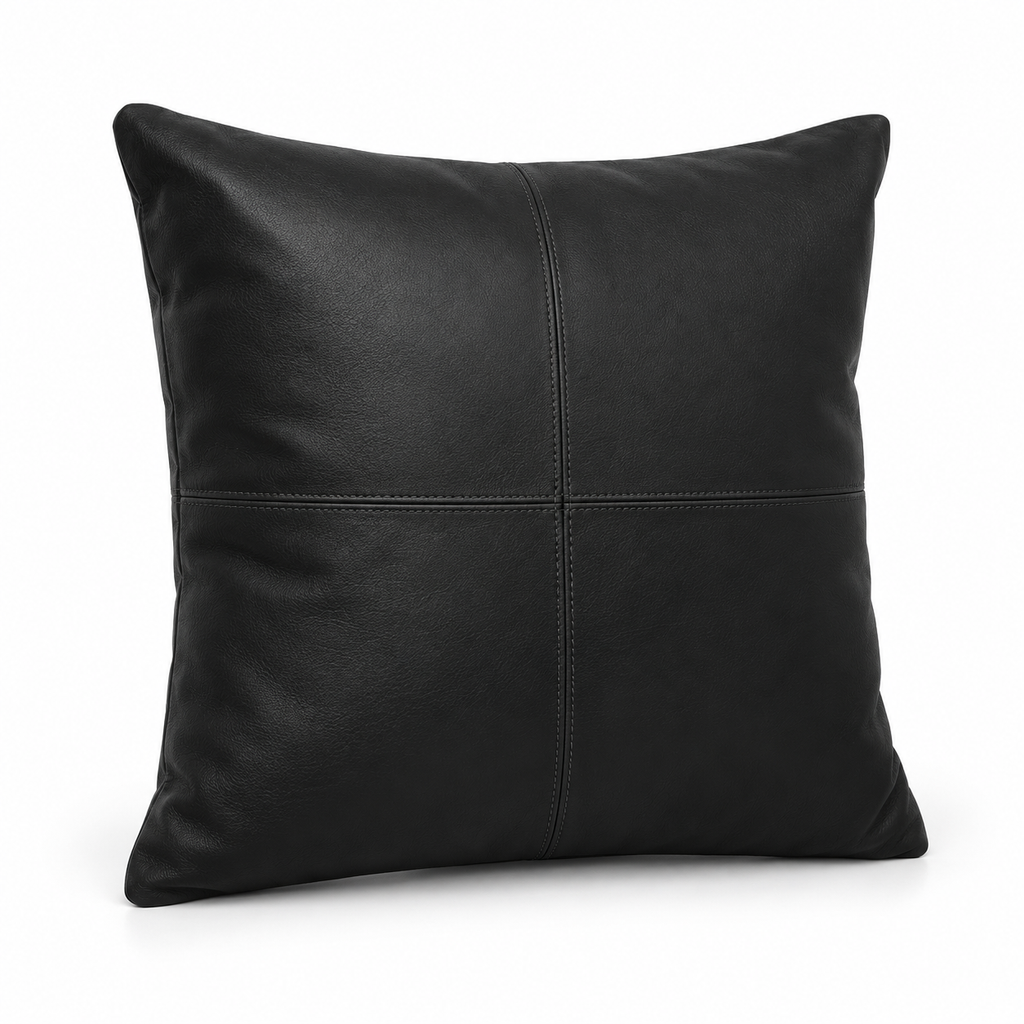 Lanott CU102 cushion in Black Leather, square shape, main angled view on white background with fine leather grain