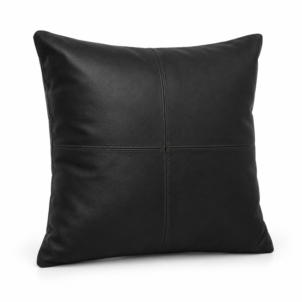 Lanott CU102 cushion in Black Leather, square shape, main angled view on white background with fine leather grain