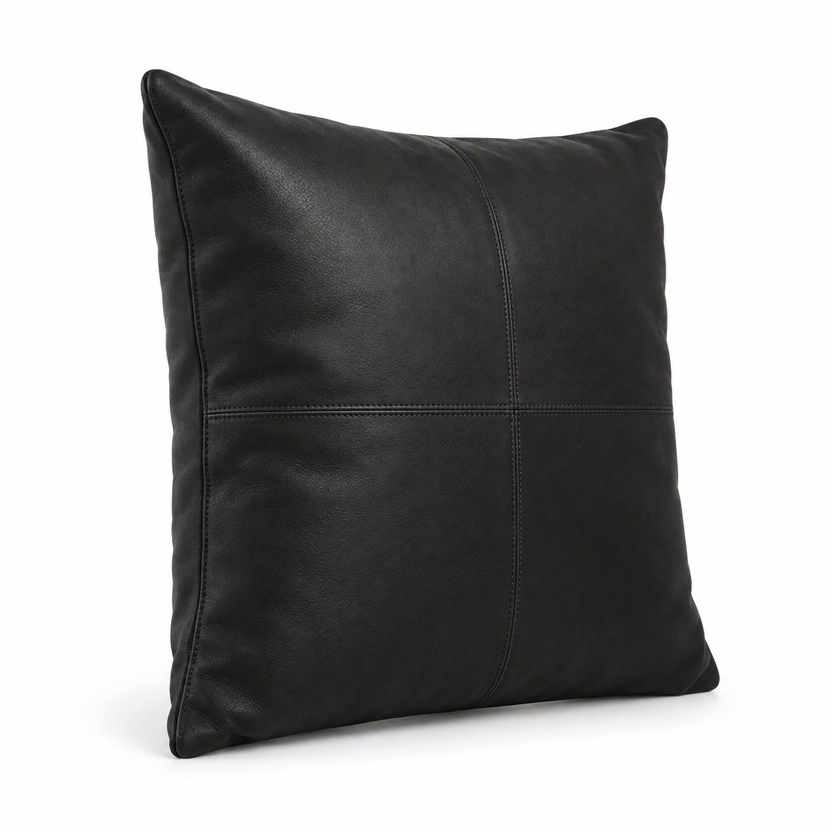 Lanott CU102 cushion in Black Leather, square shape, side angled view on white background with fine leather grain