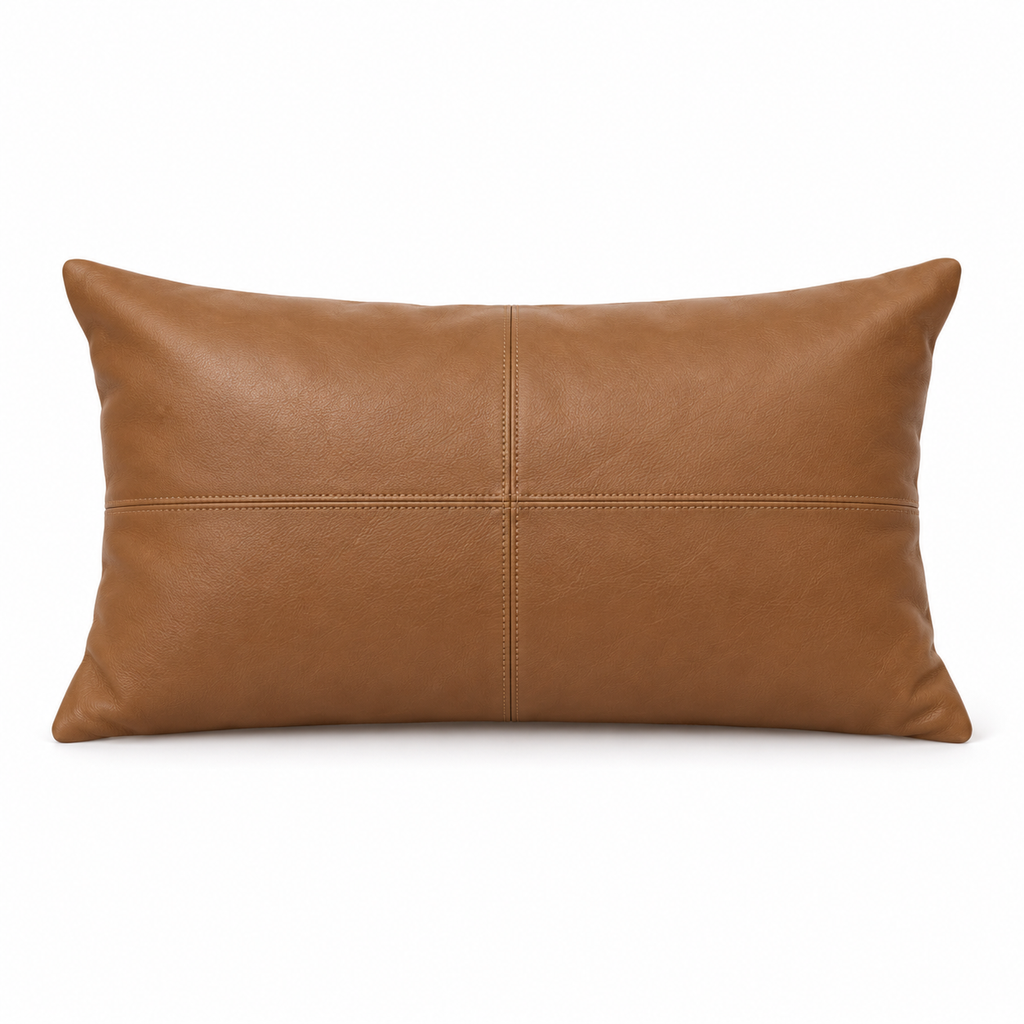 Lanott CU102 cushion in Cognac Leather, rectangle shape, front view on white background with fine leather grain