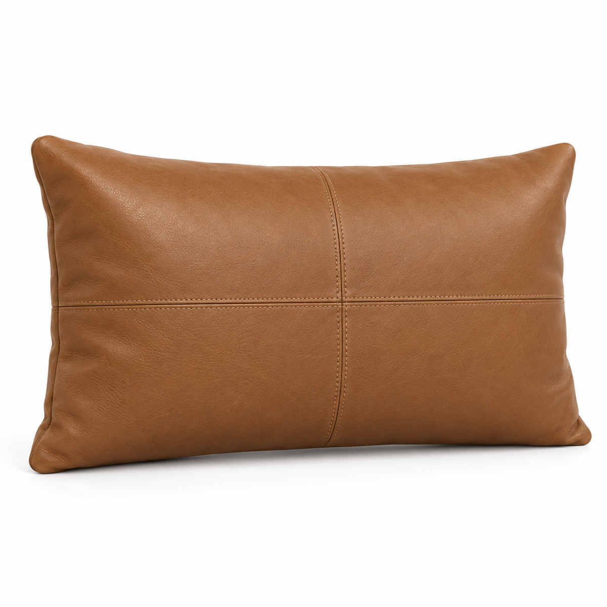 Lanott CU102 cushion in Cognac Leather, rectangle shape, main angled view on white background with fine leather grain
