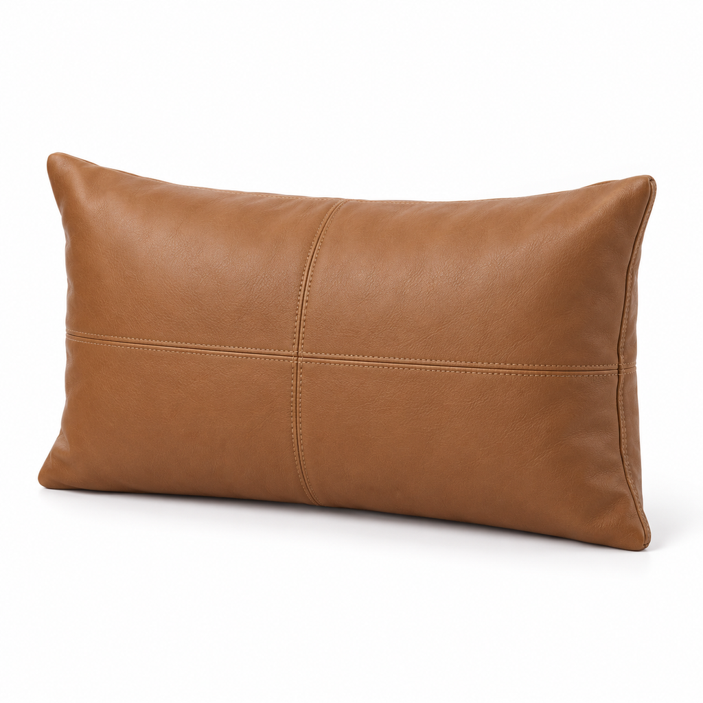 Lanott CU102 cushion in Cognac Leather, rectangle shape, side angled view on white background with fine leather grain