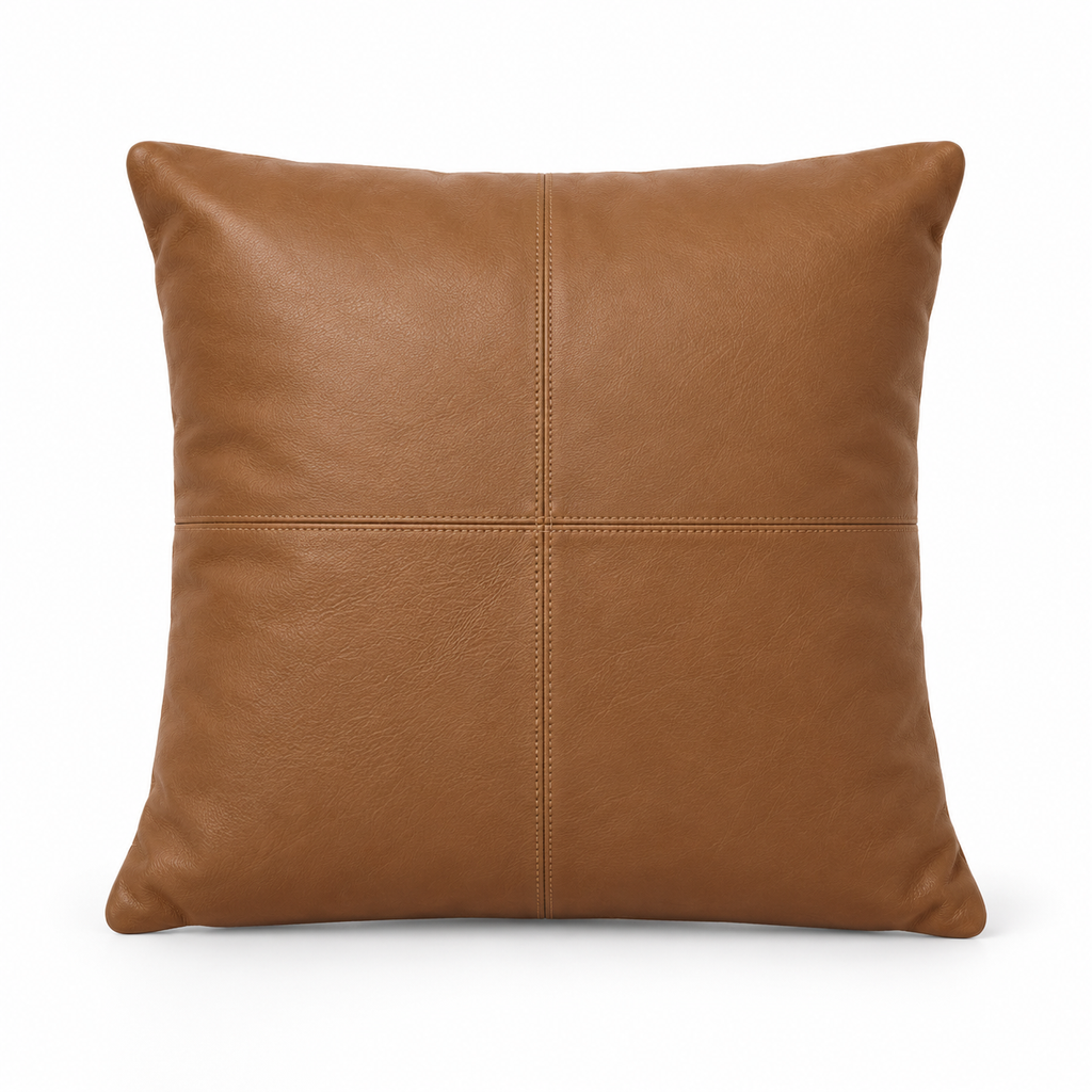 Lanott CU102 cushion in Cognac Leather, square shape, front view on white background with fine leather grain