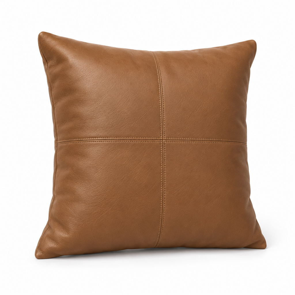 Lanott CU102 cushion in Cognac Leather, square shape, main angled view on white background with fine leather grain