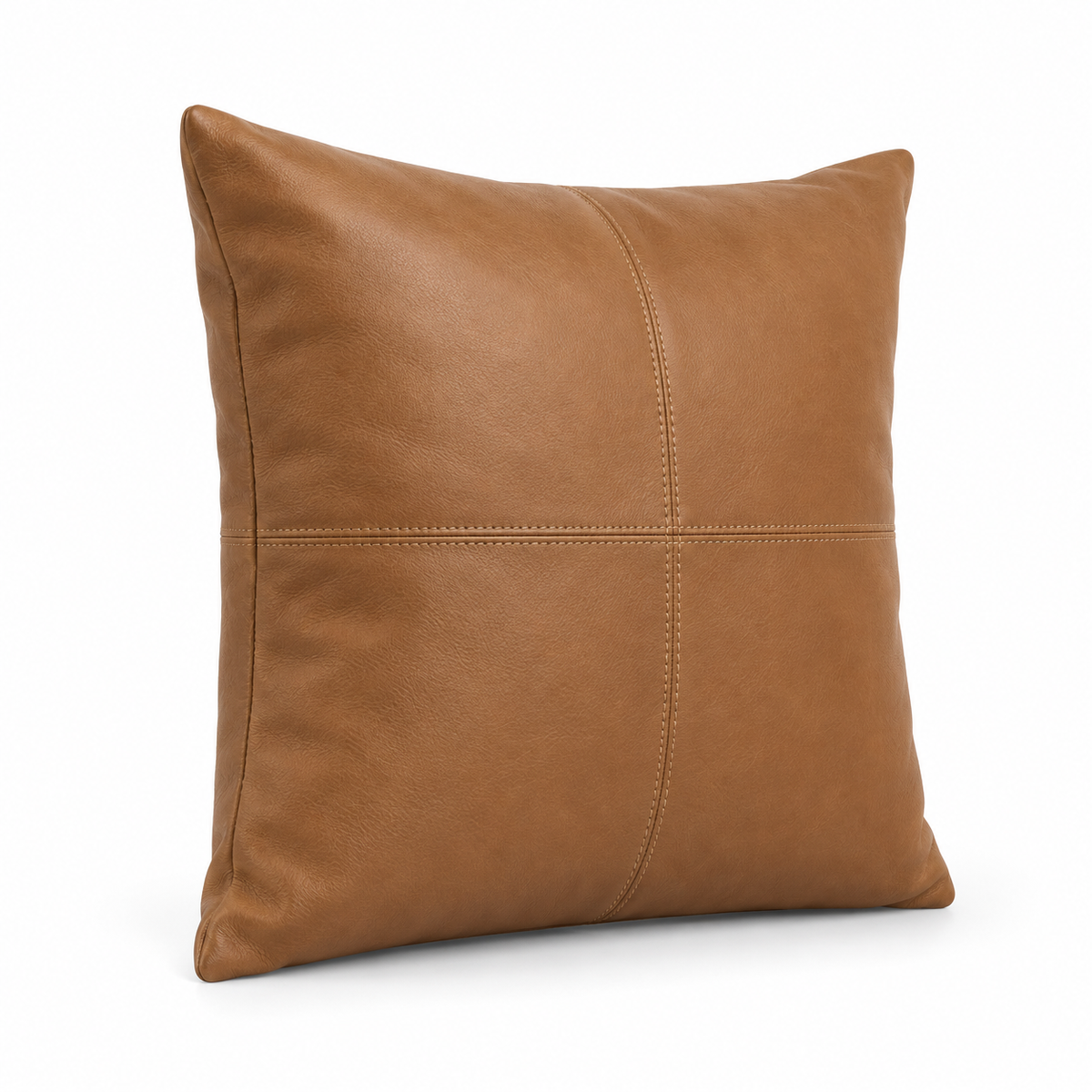 Lanott CU102 cushion in Cognac Leather, square shape, side angled view on white background with fine leather grain