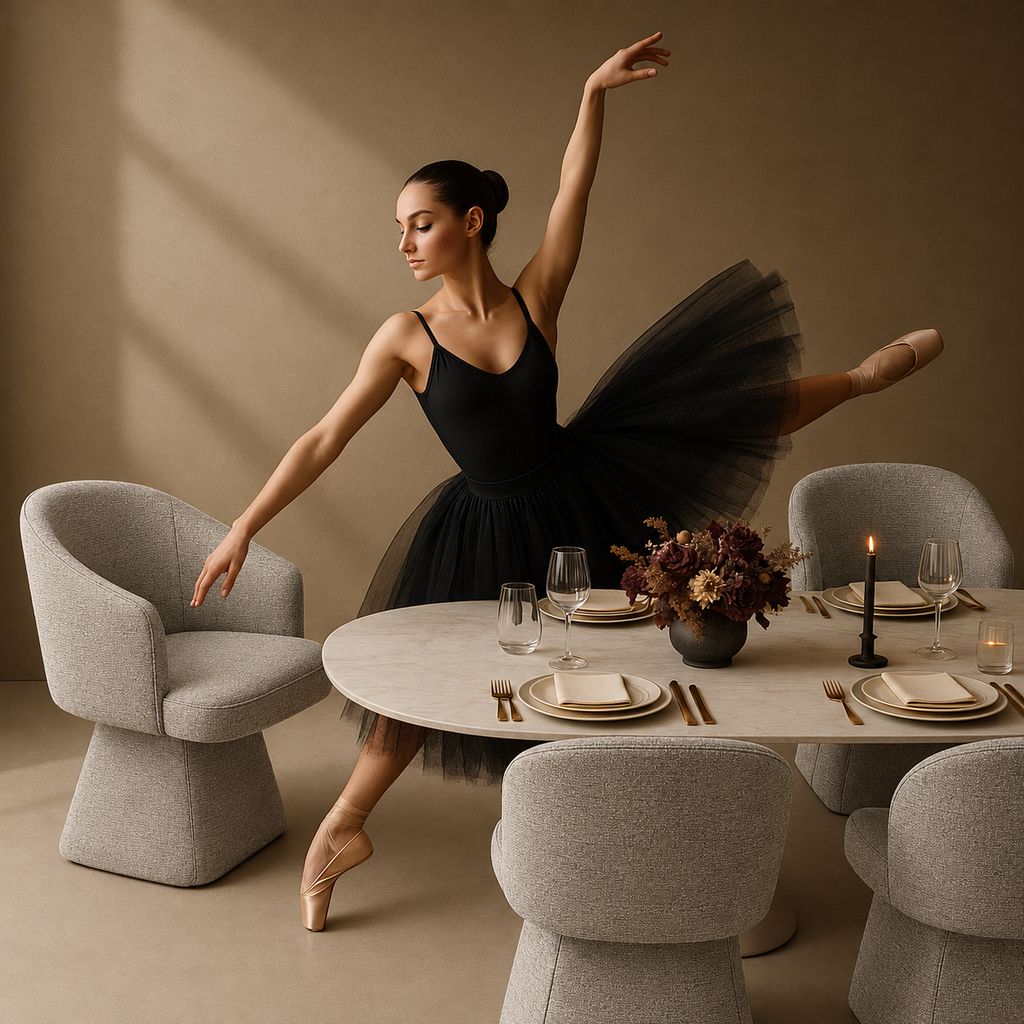 Lanott Eterna dining table DT102 in Beige Leather (Lacoste-8), editorial ballerina dining scene