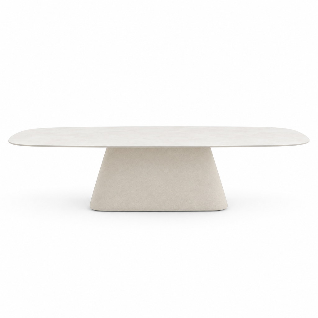 Lanott Eterna dining table DT102 in Beige Leather (Lacoste-8), long-side view on white background