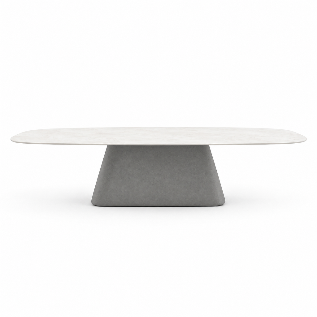Lanott Eterna dining table DT102 in Grey Leather (Lacoste-13), long-side view on white background