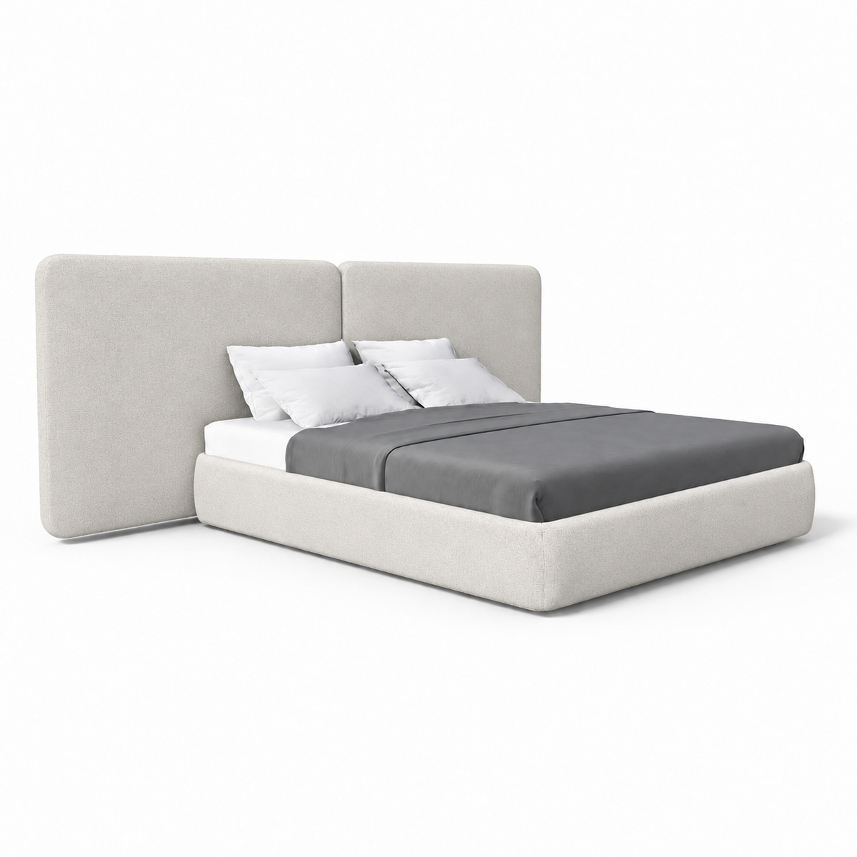 Lanott LB101 bed in Tender-1 — three-quarter view on white background, refined small-scale fabric texture