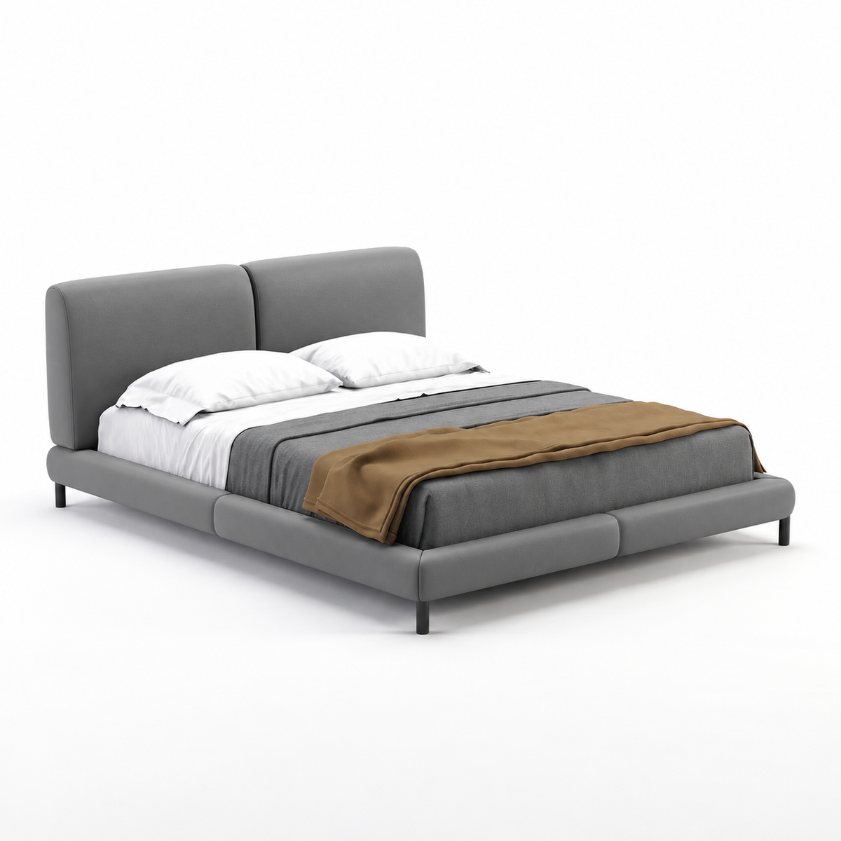 Lanott LB103 bed in Grey Leather — three-quarter view on white background, refined fine leather grain
