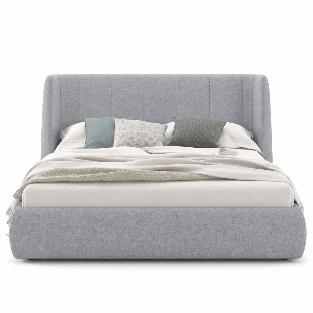 Lanott LB104 bed in MD-1 — front view on white background, refined small-scale fabric texture