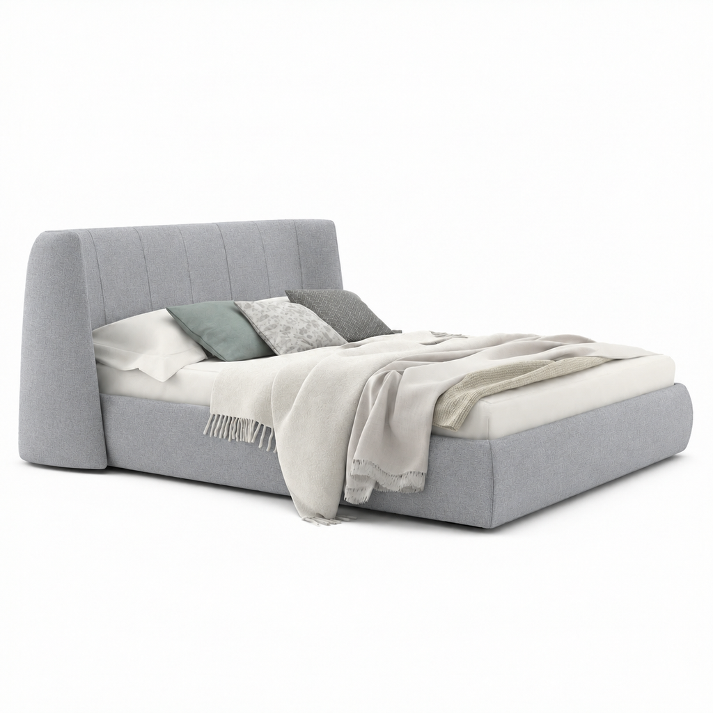 Lanott LB104 bed in MD-1 — three-quarter view on white background, refined small-scale fabric texture
