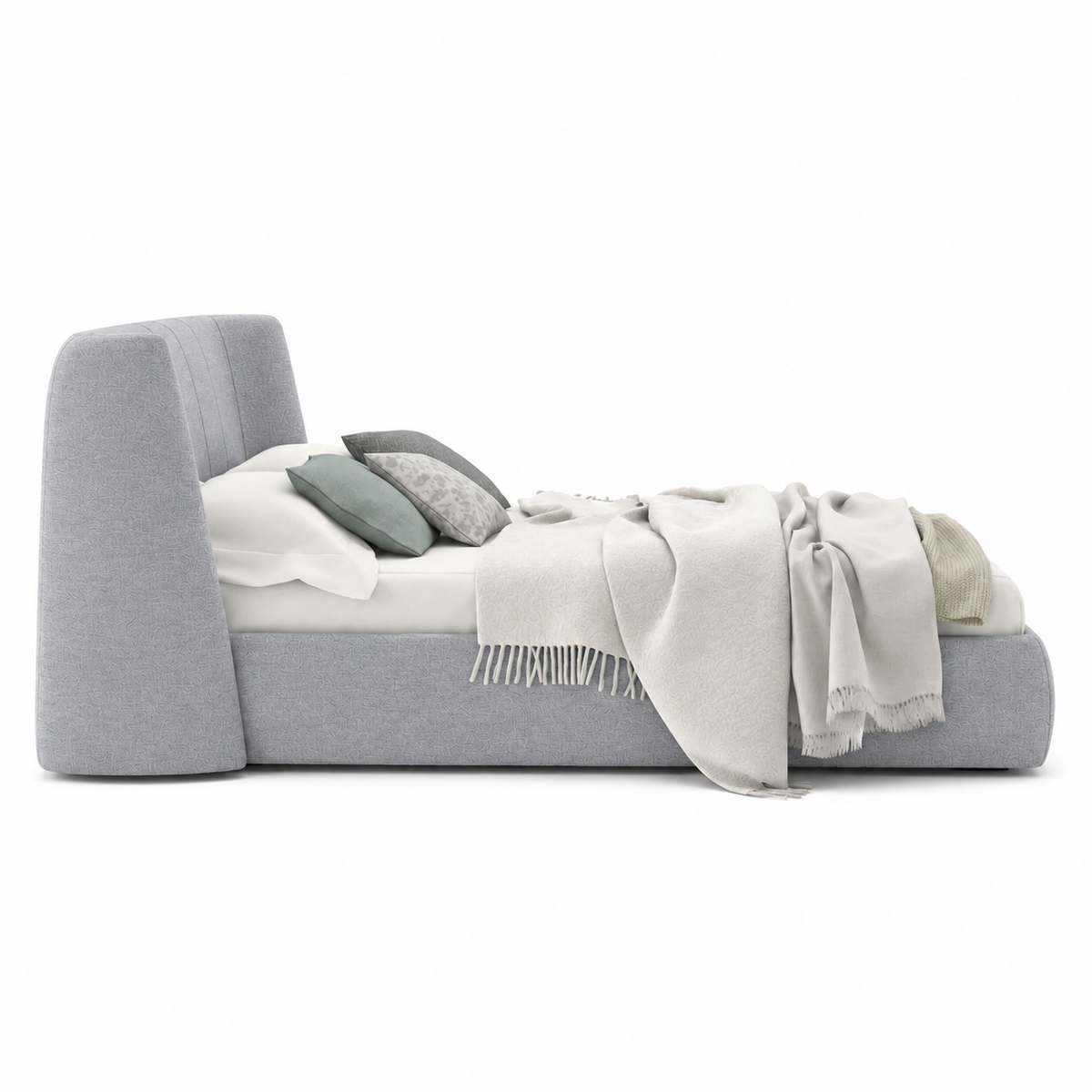 Lanott LB104 bed in MD-1 — side view on white background, refined small-scale fabric texture