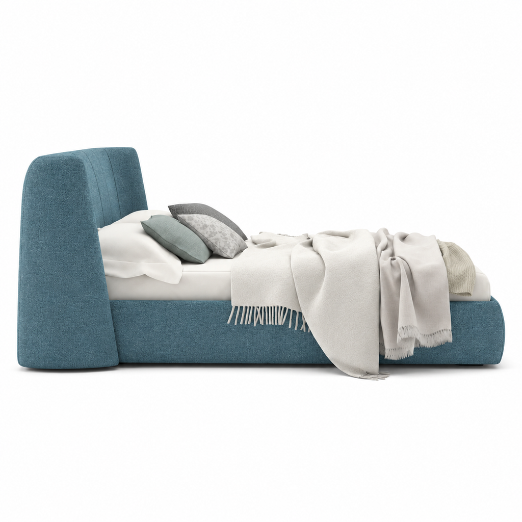 Lanott LB104 bed in MD-26 — side view on white background, refined small-scale fabric texture