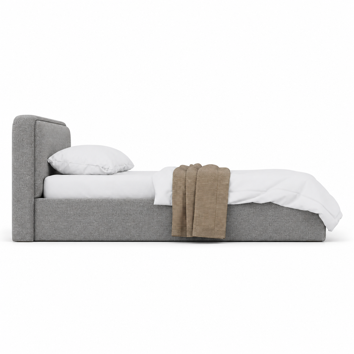Lanott LB106 bed in Mocha-11 — side view on white background, refined small-scale fabric texture